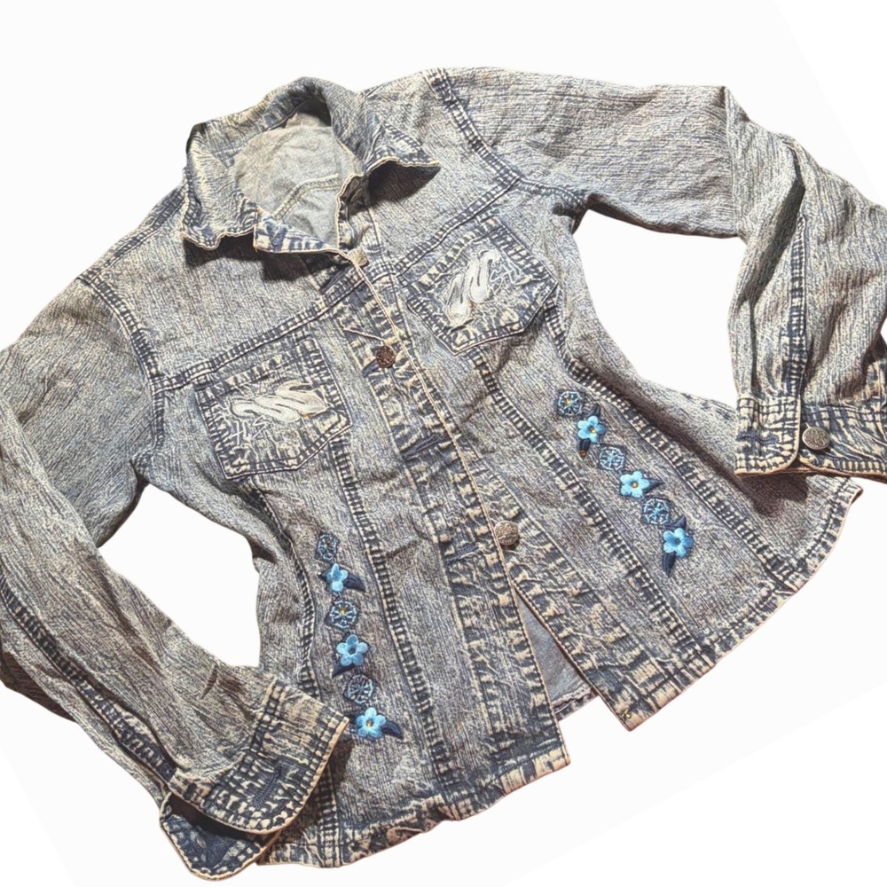 Y2K Butterfly Jeans Acid Wash Floral Embroidered Denim Jacket Blue Rhinestone